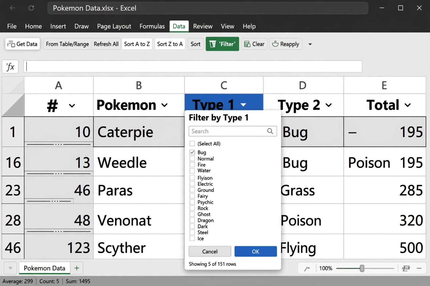 Applying Excel Filter to Pokemon Dataset