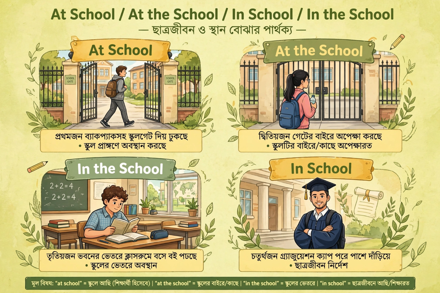 At School, In School, At the School, In the School – পার্থক্য ও ব্যবহার