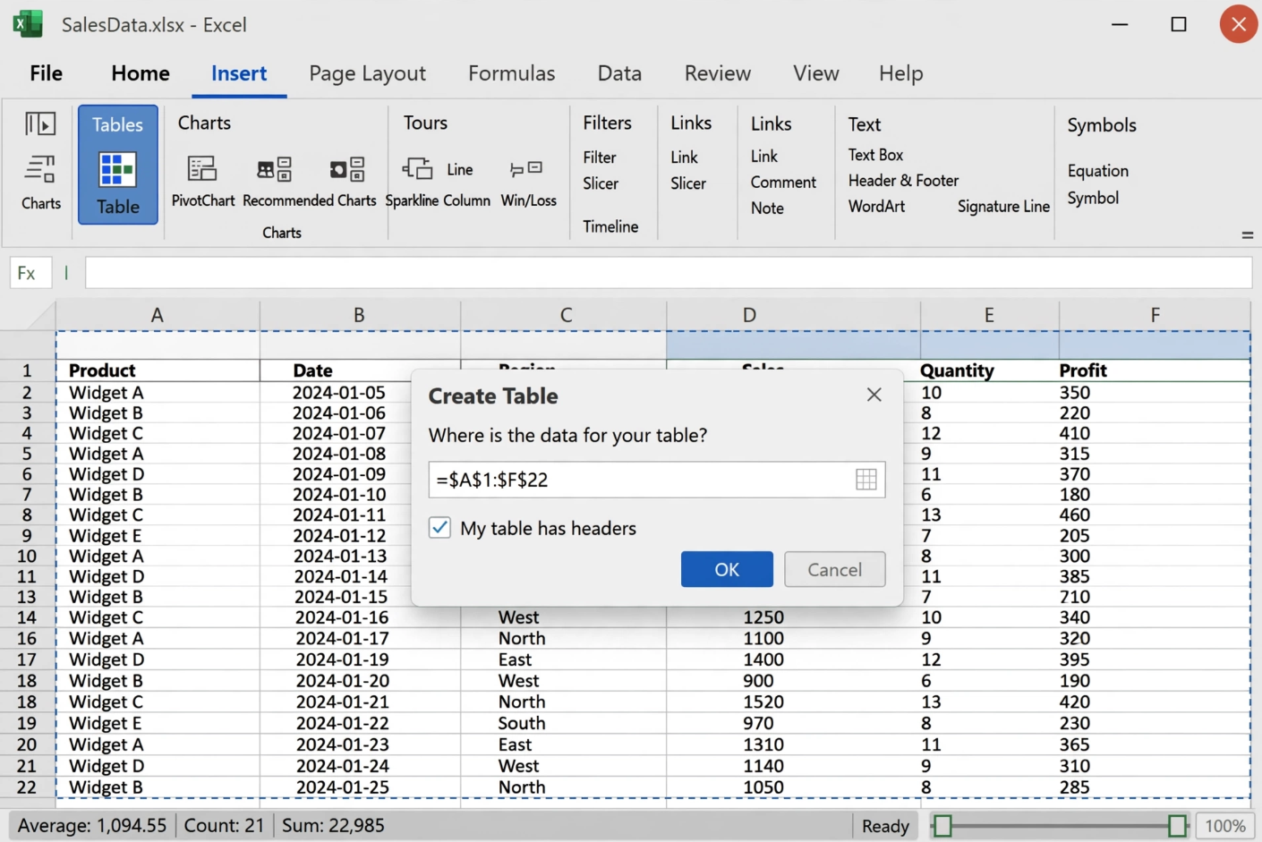 Converting Excel Range to Table