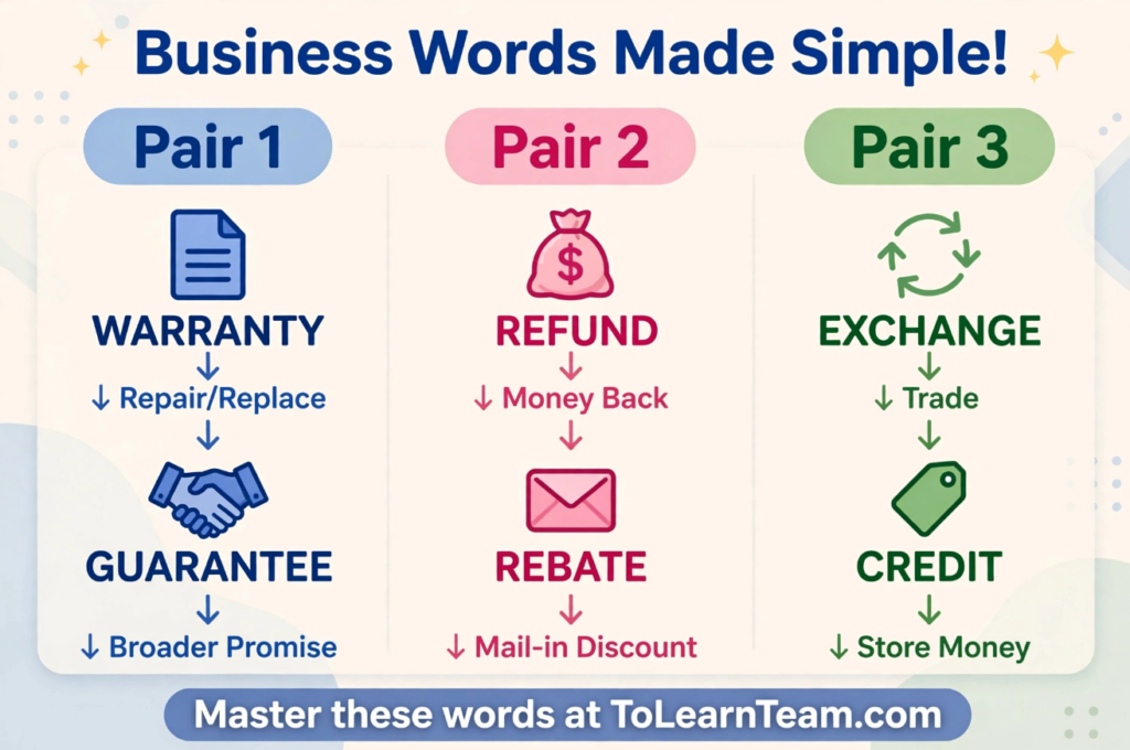 English Vocabulary warranty, guarantee, rebate, exchange, credit