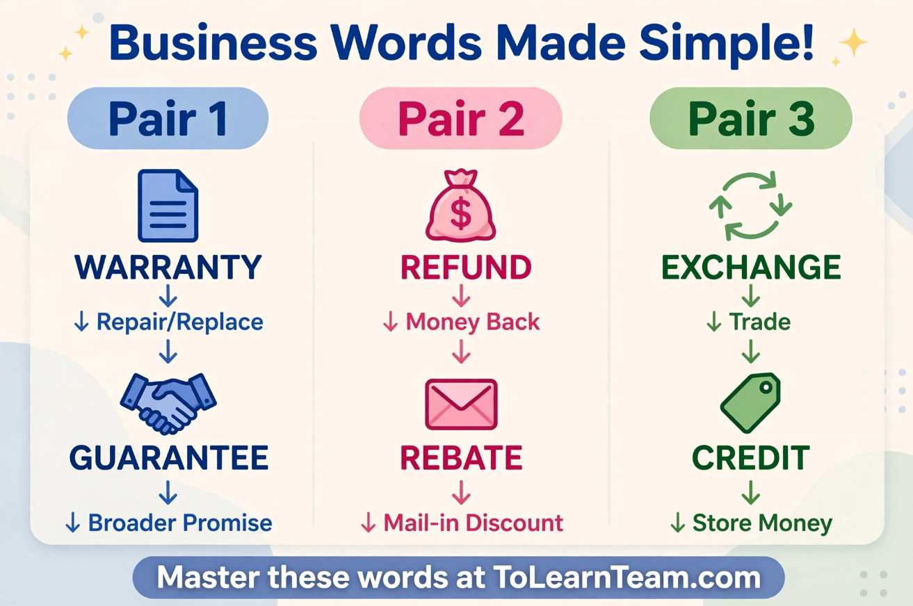 English Vocabulary warranty, guarantee, rebate, exchange, credit