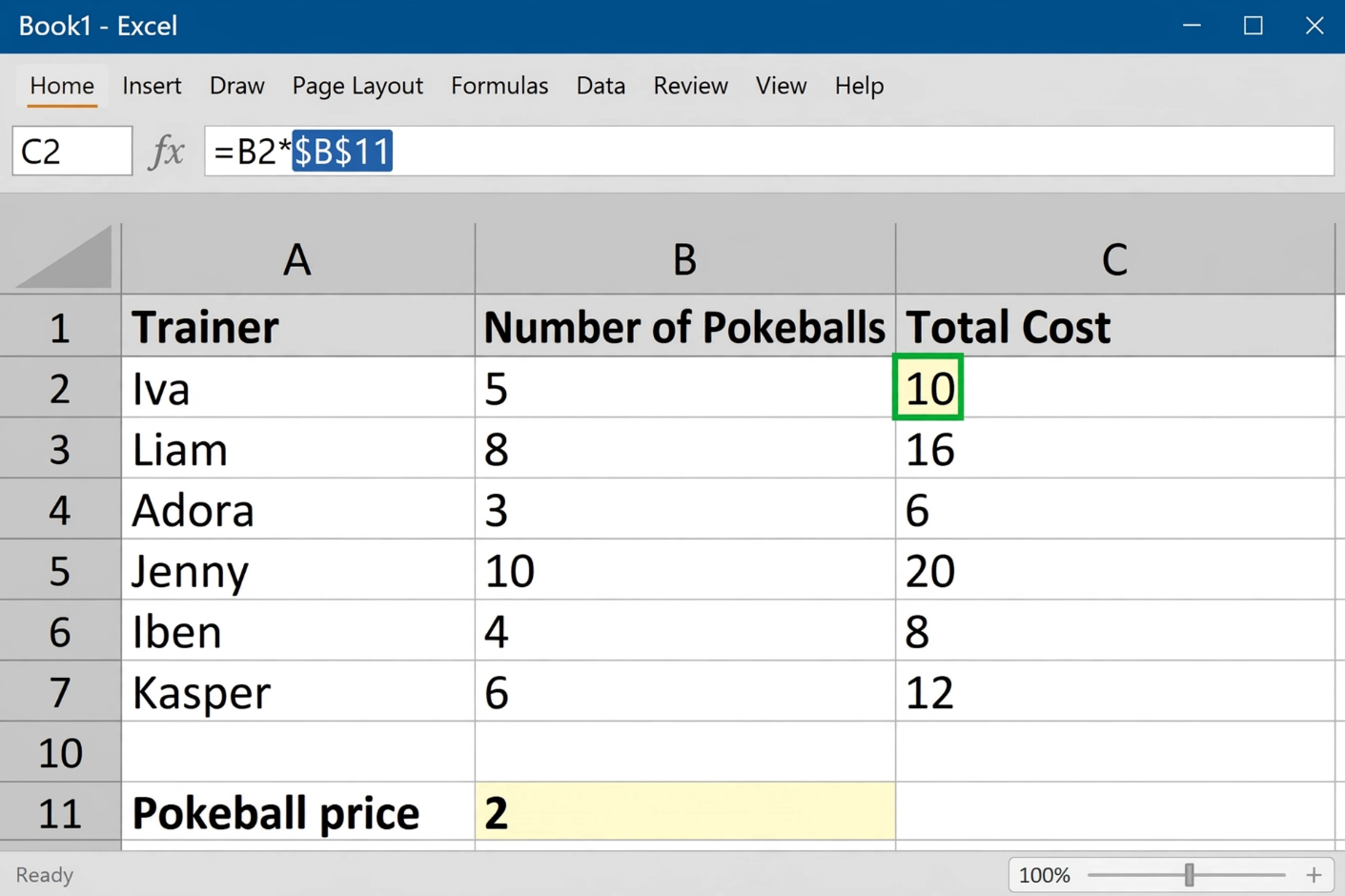 Excel Absolute Reference Example with Pokeball Prices