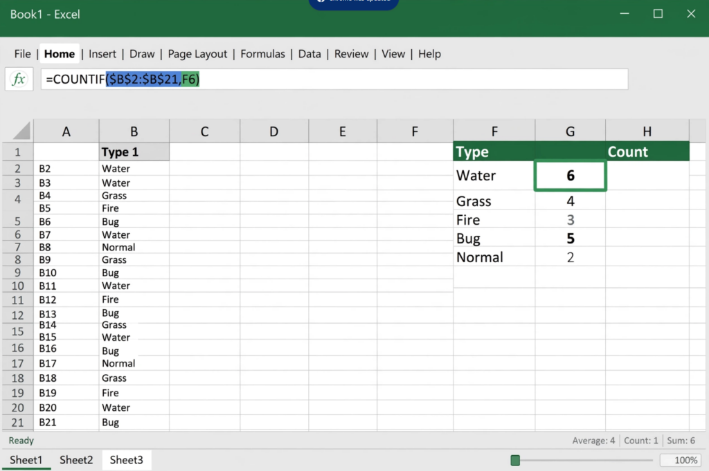 Excel COUNTIF Function Counting Pokemon Types