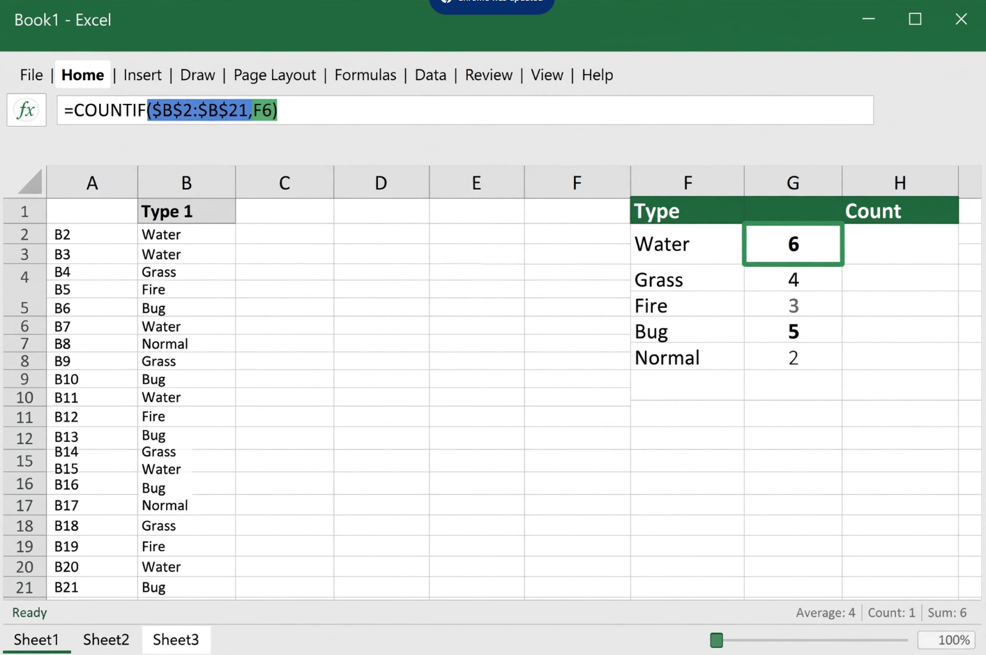 Excel COUNTIF Function Counting Pokemon Types
