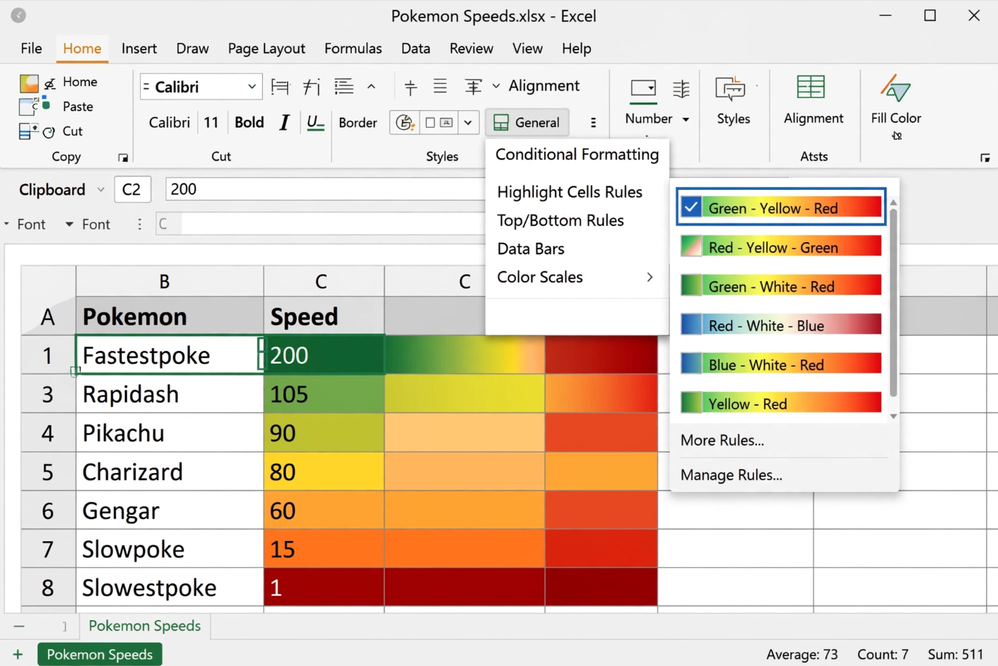 Excel Color Scales Conditional Formatting on Pokemon Speed