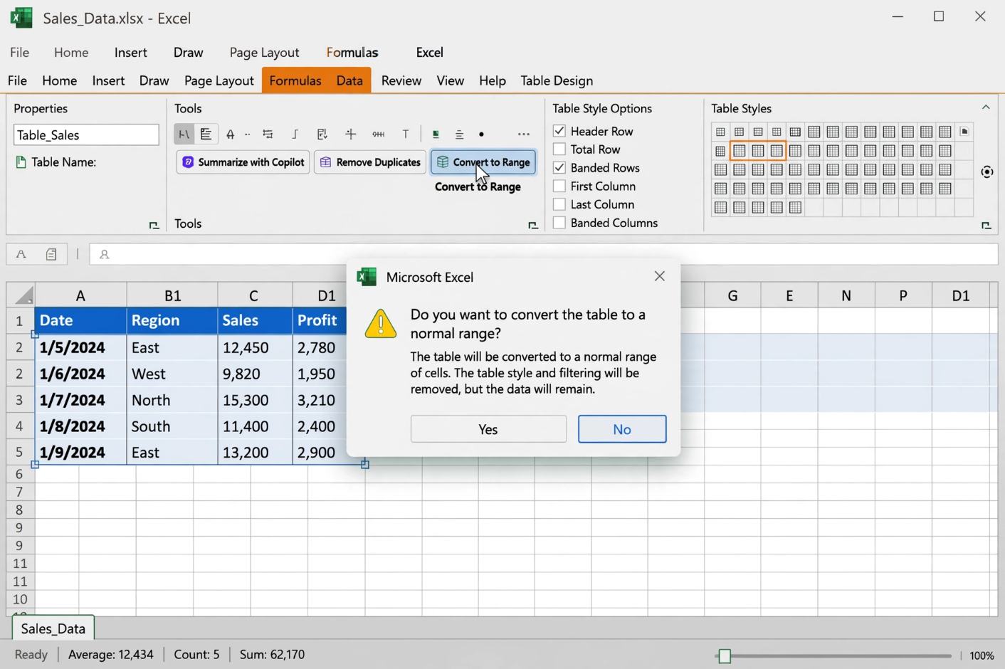 Excel Convert Table to Range Command
