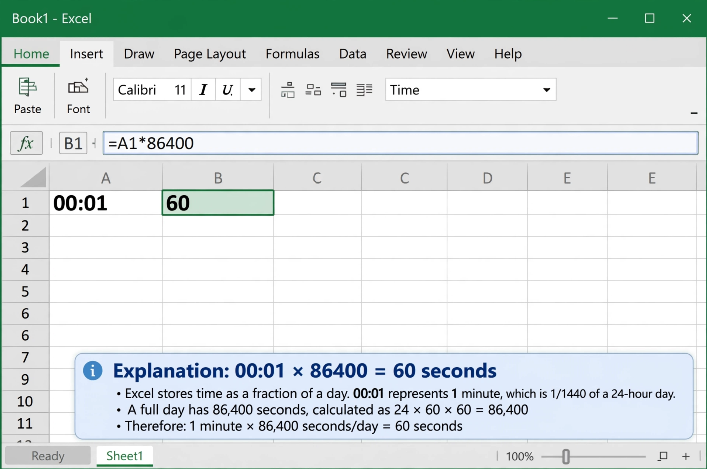 Excel Convert Time to Seconds Using 86400