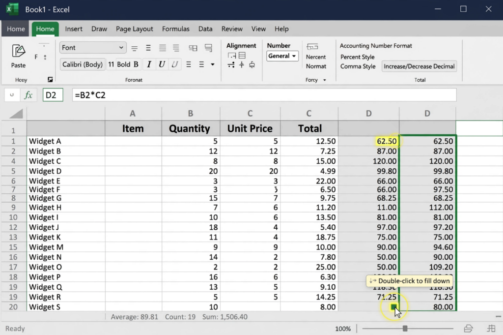 Double clicking the fill handle in Excel auto-fills formulas down a column based on adjacent data patterns