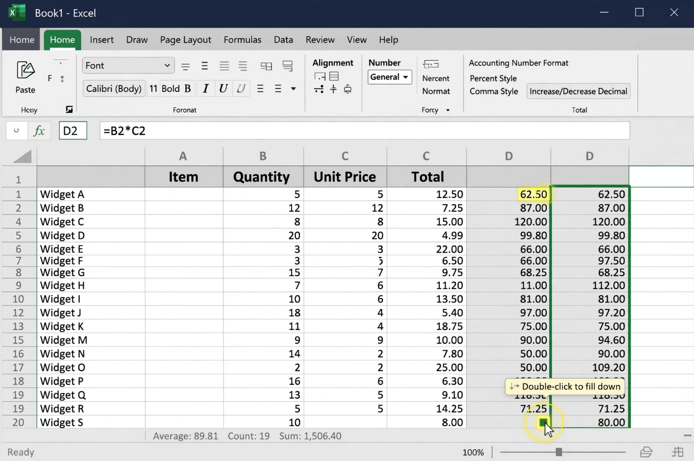 Double clicking the fill handle in Excel auto-fills formulas down a column based on adjacent data patterns