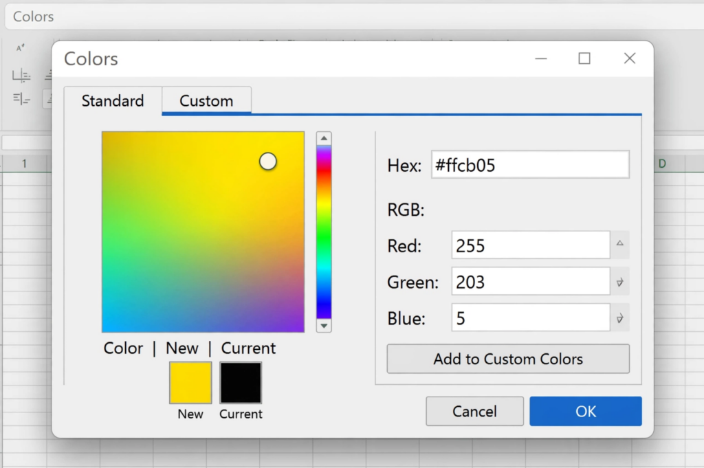 Excel Fill Color Options with HEX and RGB
