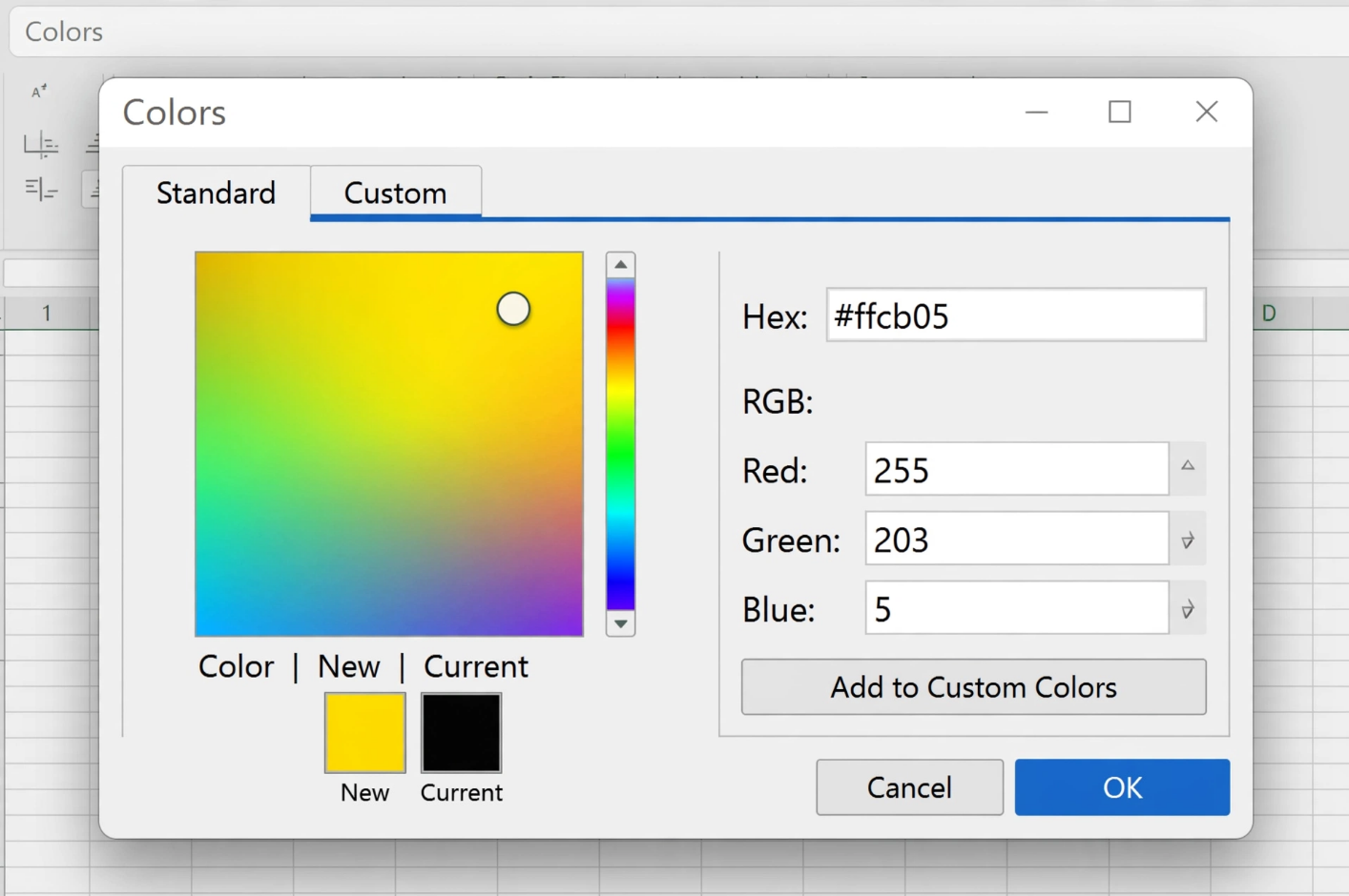 Excel Fill Color Options with HEX and RGB