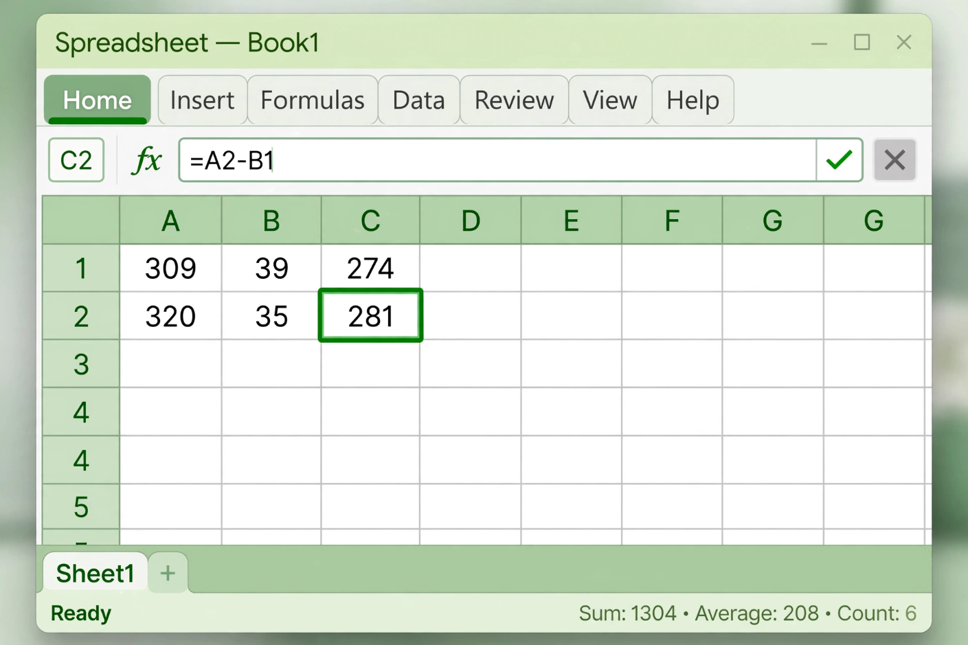 Step-by-step subtraction formula using cell values in Microsoft Excel