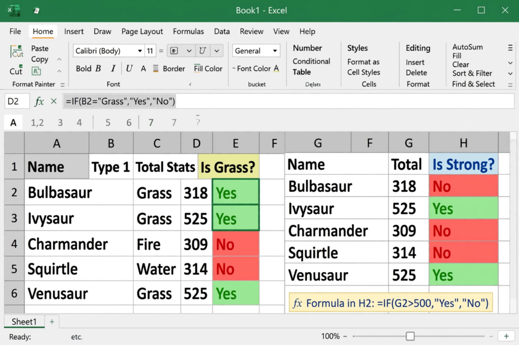 Excel IF Function Checking Grass Type and Total Stats