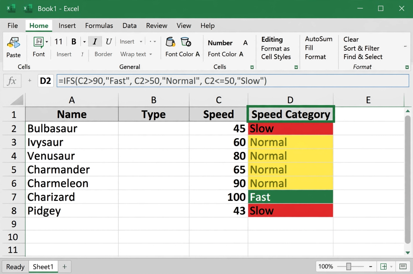 Excel IFS Function Categorizing Pokemon Speed