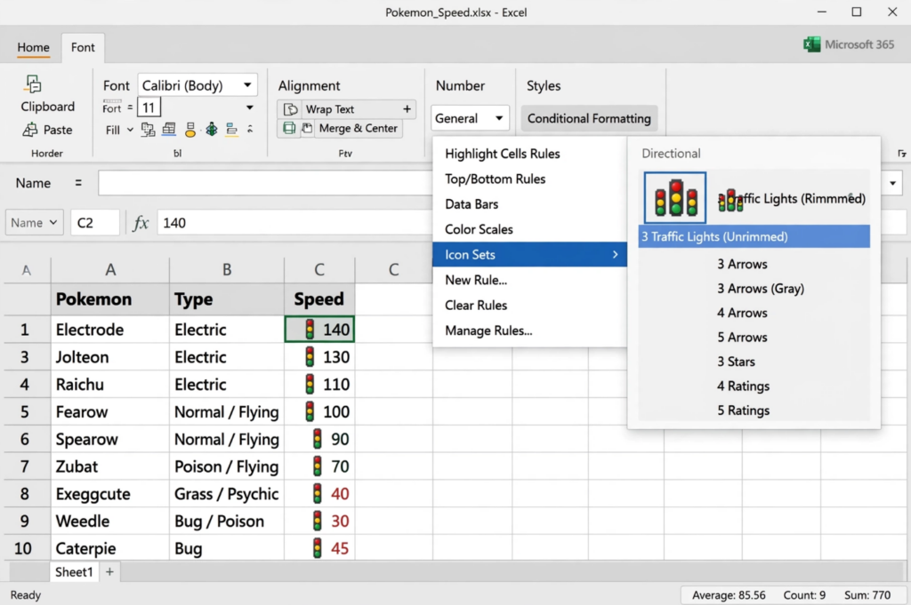 Excel Icon Sets Traffic Lights on Pokemon Speed