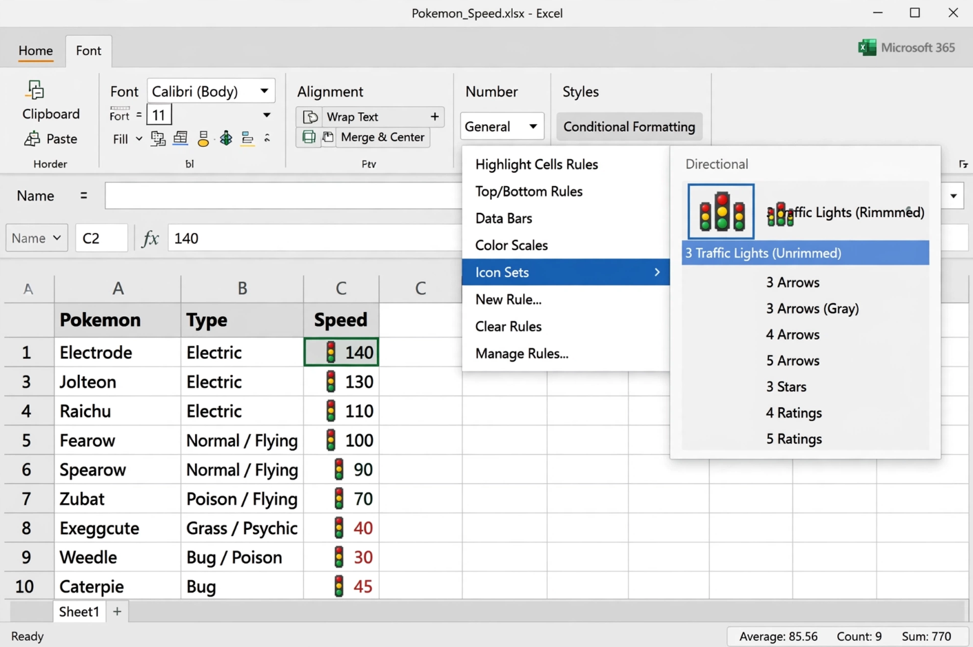 Excel Icon Sets Traffic Lights on Pokemon Speed