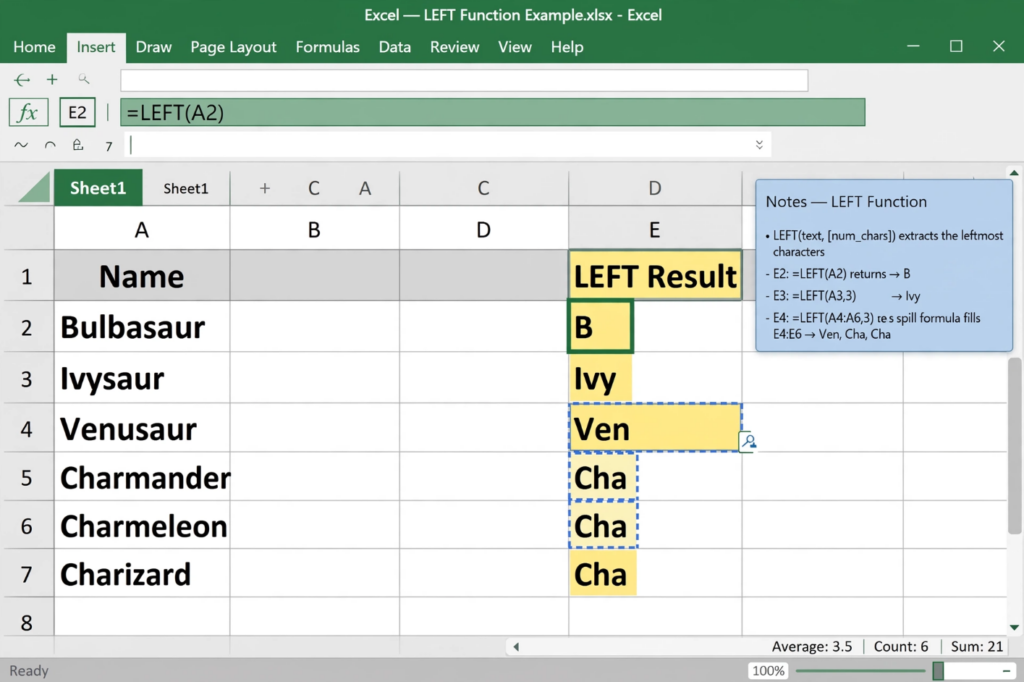 Excel LEFT Function Extracting Characters from Pokemon Names
