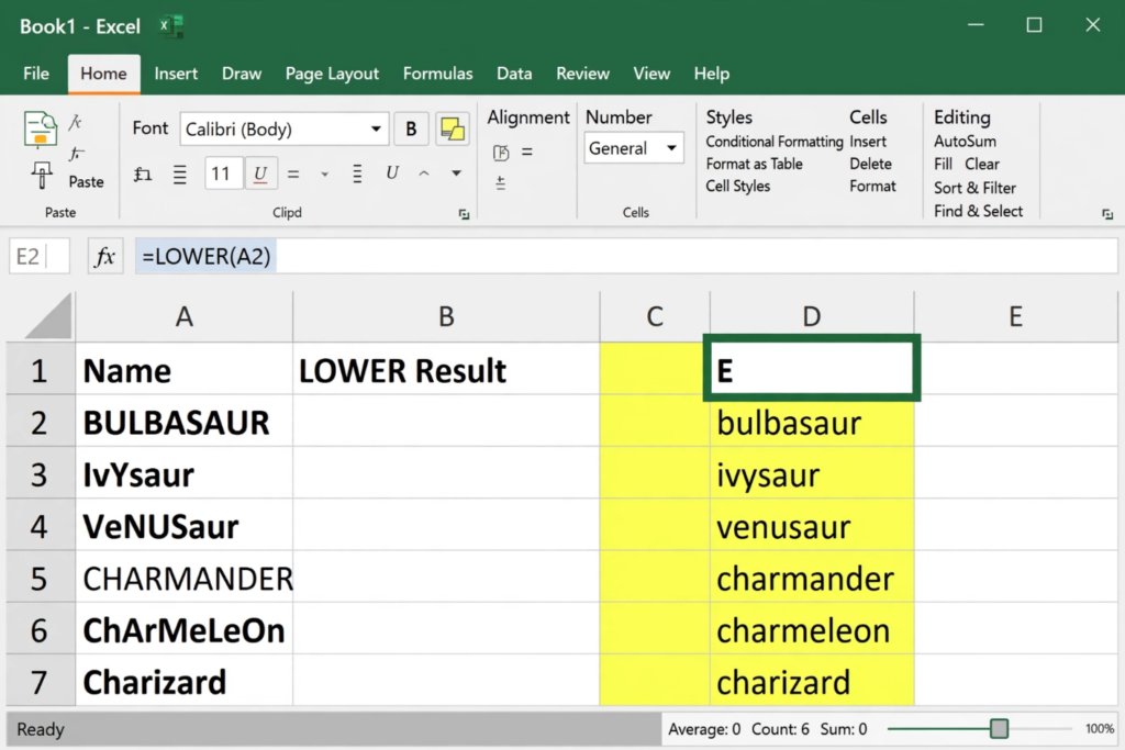 Excel LOWER Function Converting Pokemon Names to Lowercase