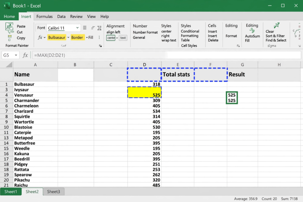 Excel MAX Function Finding Highest Total Stats