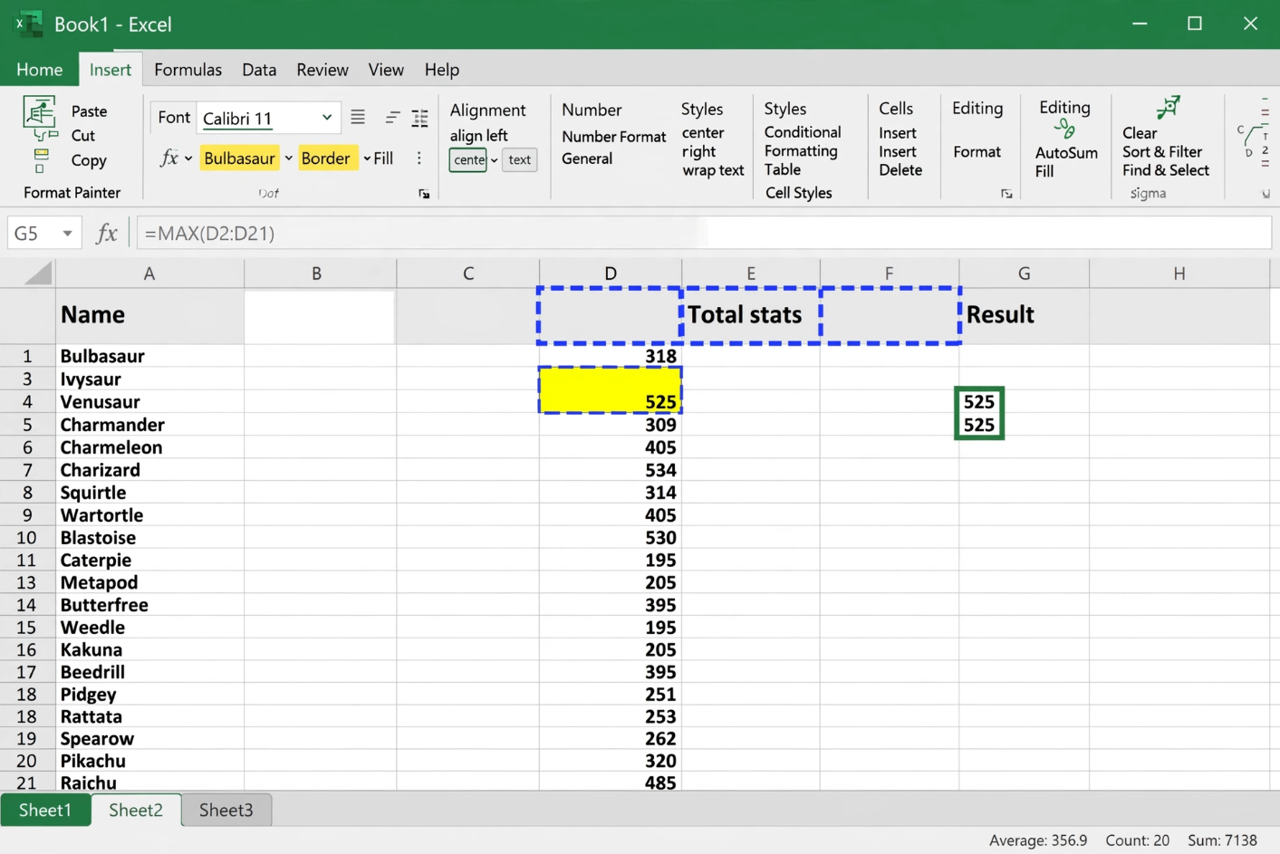 Excel MAX Function Finding Highest Total Stats