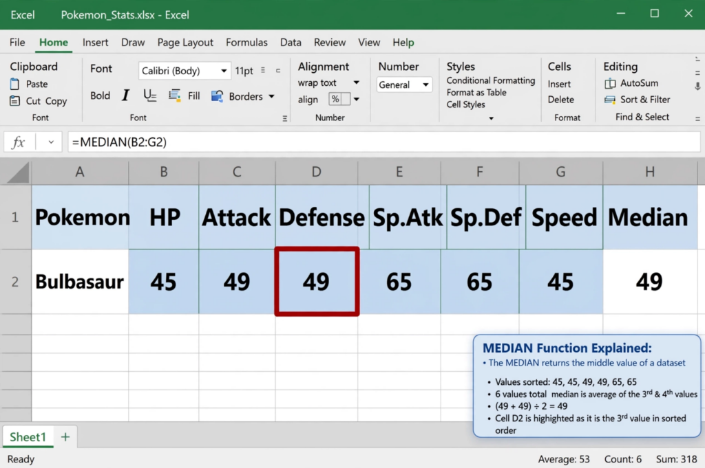 Excel MEDIAN Function Calculating Median of Pokemon Stats