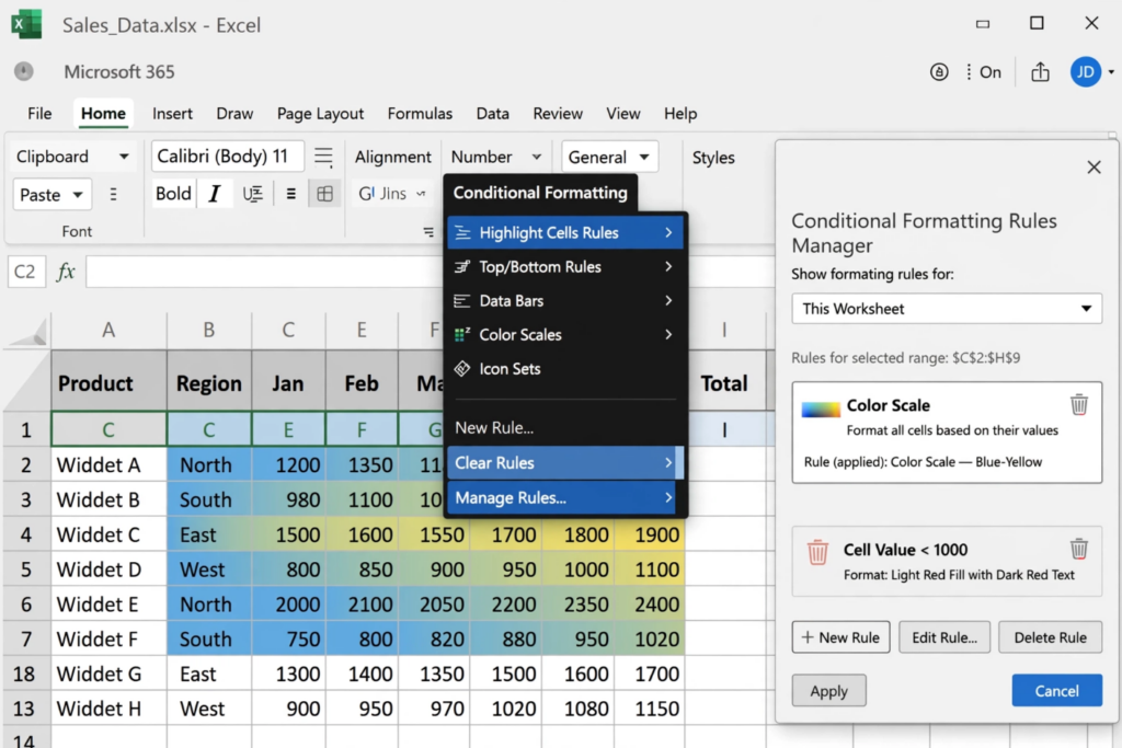 Excel Manage Rules and Clear Rules Options