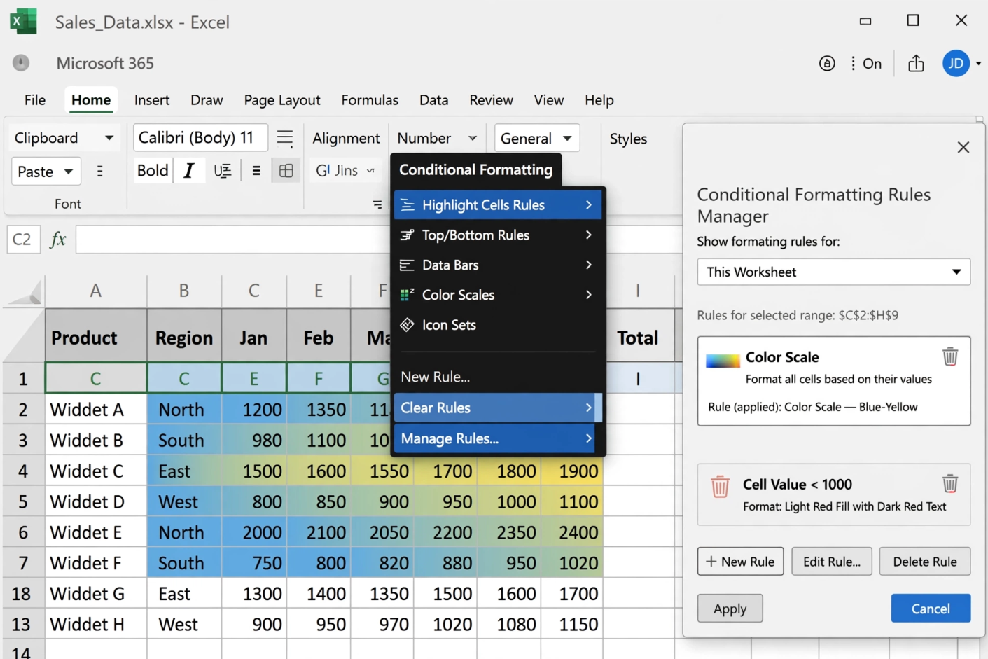 Excel Manage Rules and Clear Rules Options