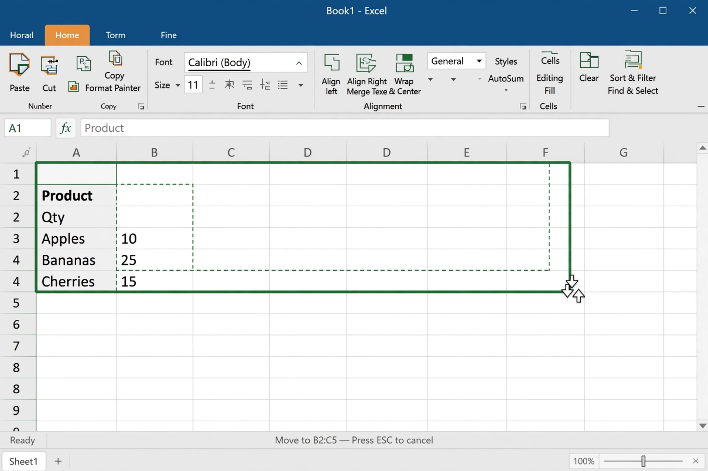 Dragging selected range in Excel to a new location