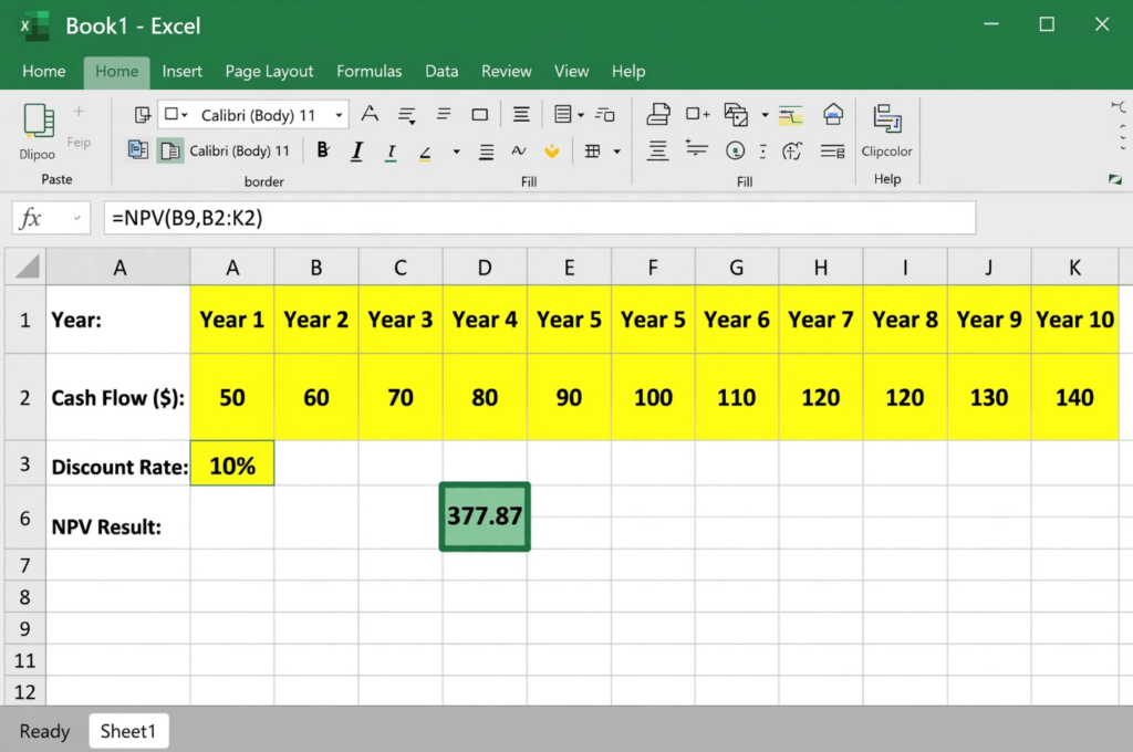 Excel NPV Calculation with Cash Flows and Discount Rate