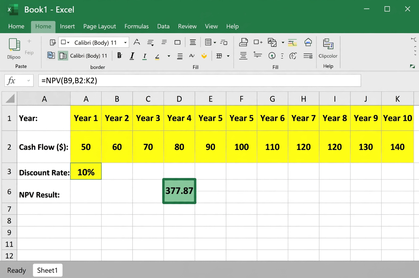 Excel NPV Calculation with Cash Flows and Discount Rate
