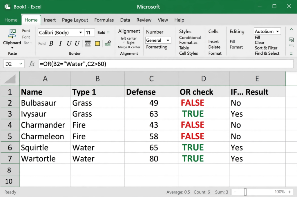 Excel OR Function with Pokemon Data