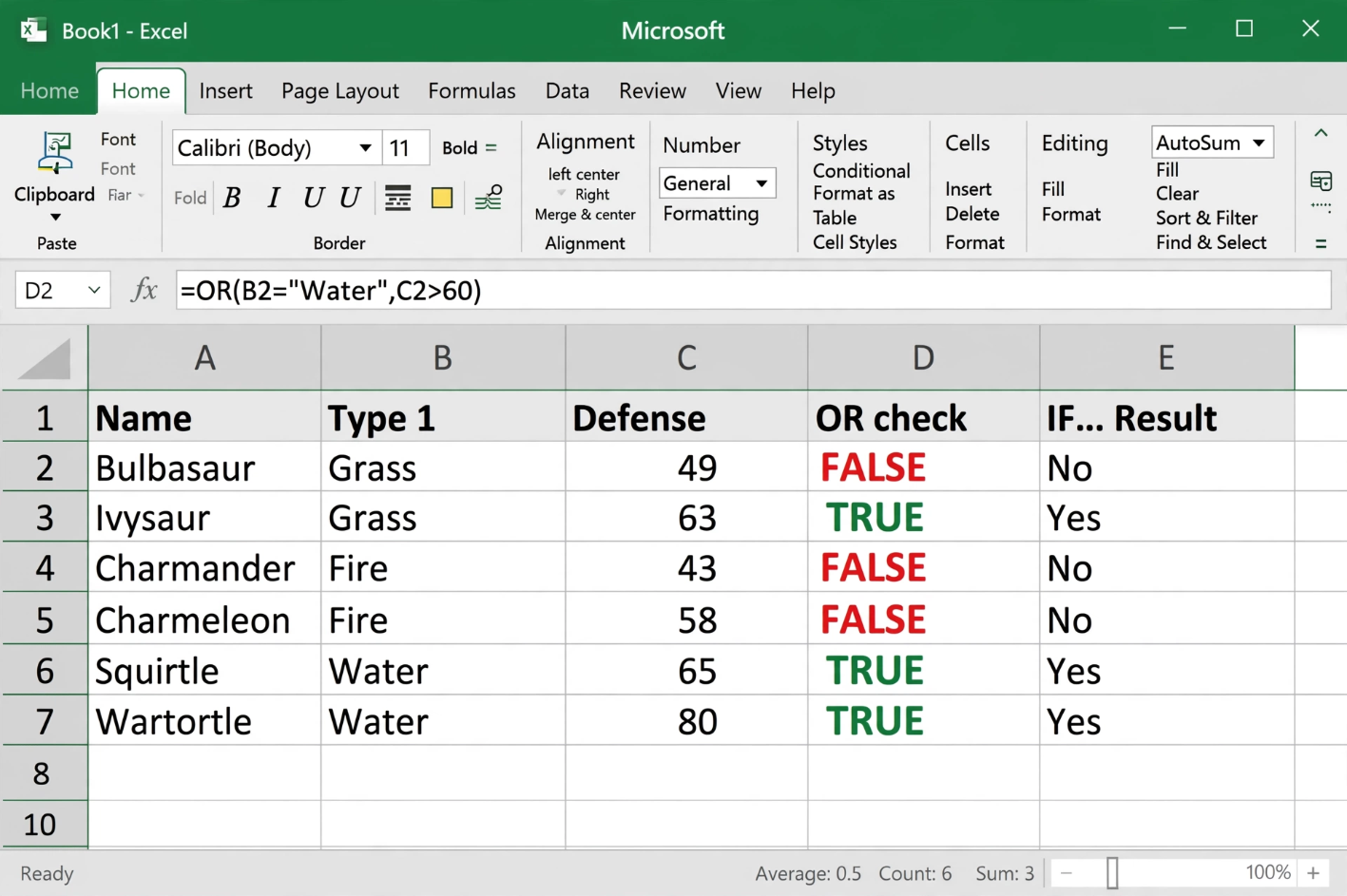 Excel OR Function with Pokemon Data
