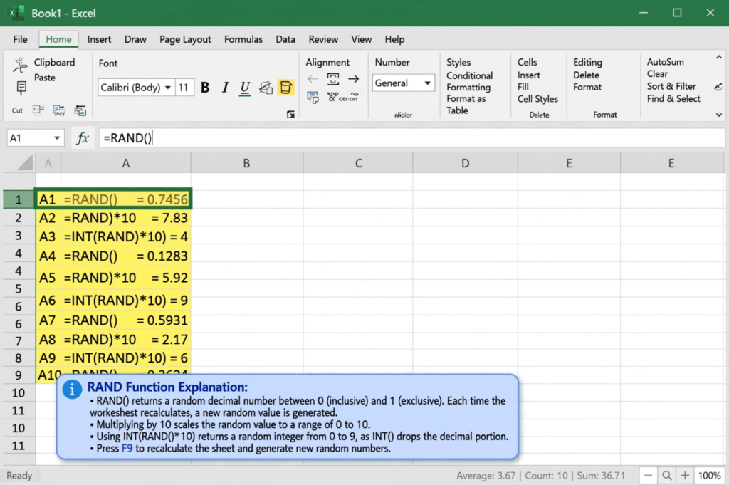 Excel RAND Function Generating Random Numbers
