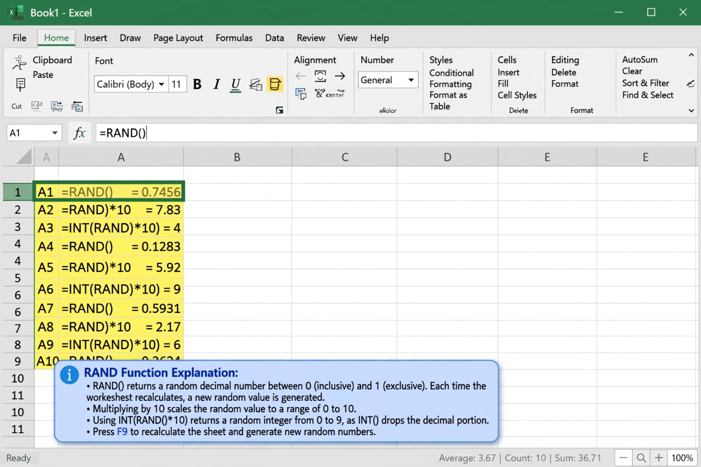 Excel RAND Function Generating Random Numbers