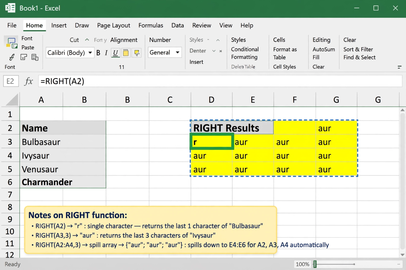 Excel RIGHT Function Extracting Characters from Pokemon Names