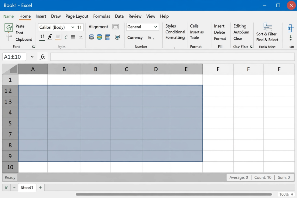 Selecting the range A1:E10 using drag and mark method in Microsoft Excel