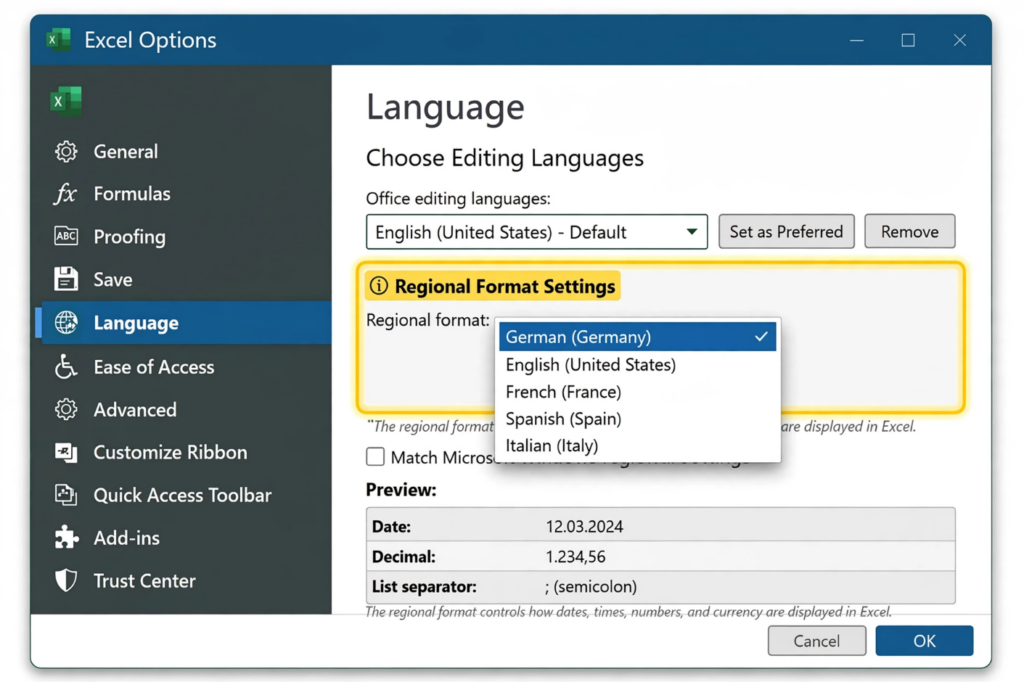 Excel Regional Format Settings Dialog