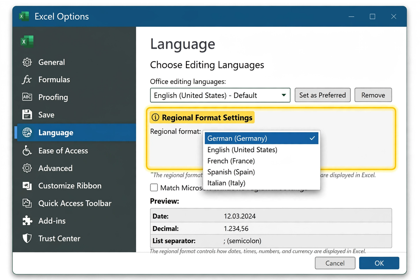 Excel Regional Format Settings Dialog