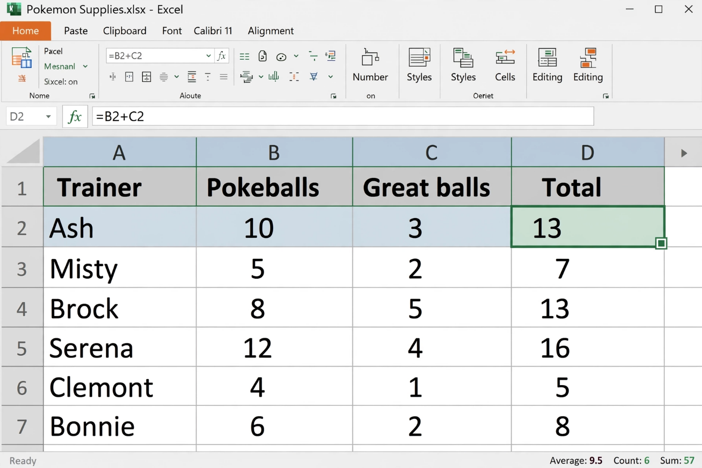 Excel Relative Reference Pokemon Example