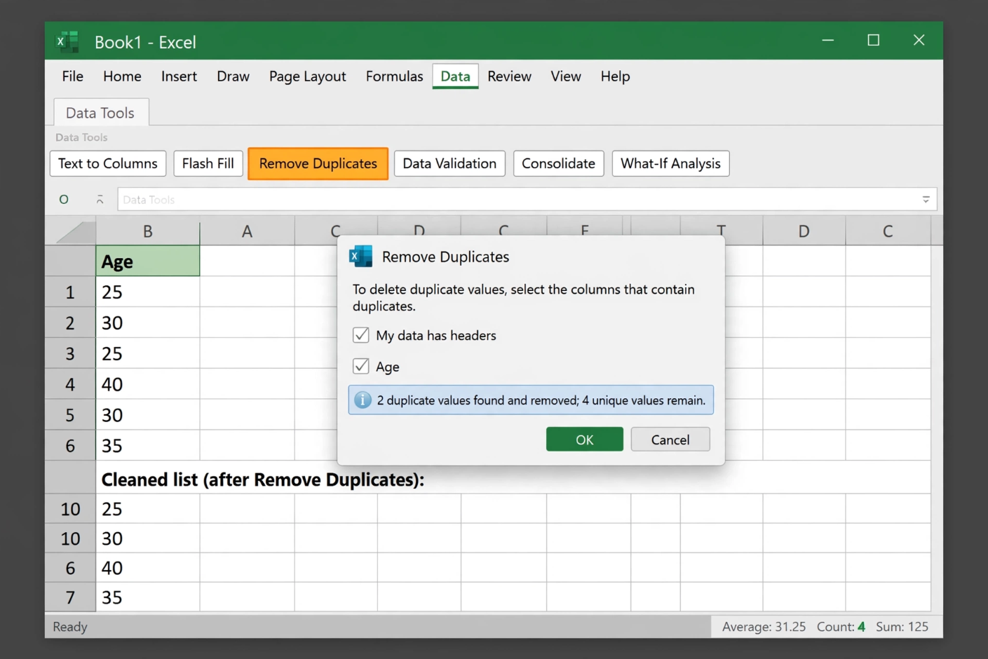 Excel Remove Duplicates Dialog and Result