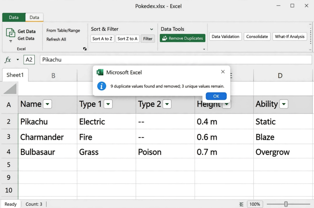 Excel Remove Duplicates Dialog with Results