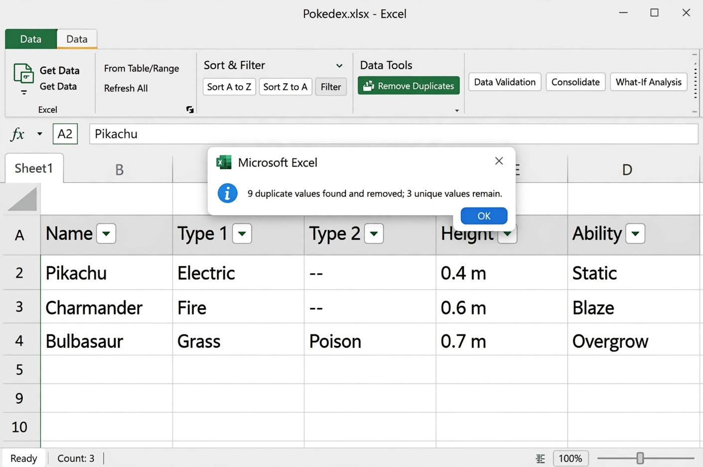 Excel Remove Duplicates Dialog with Results