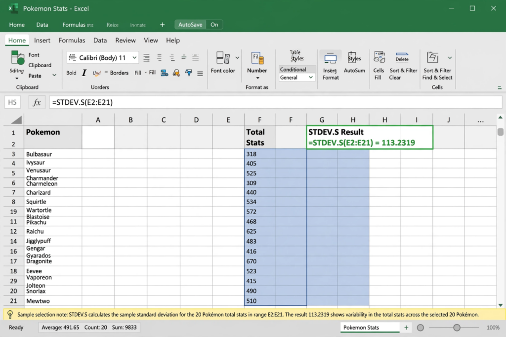 Excel STDEV.S Function Calculating Sample Standard Deviation of Pokemon Total Stats