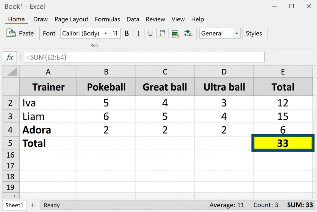 Excel SUM Formula for Pokeball Counting