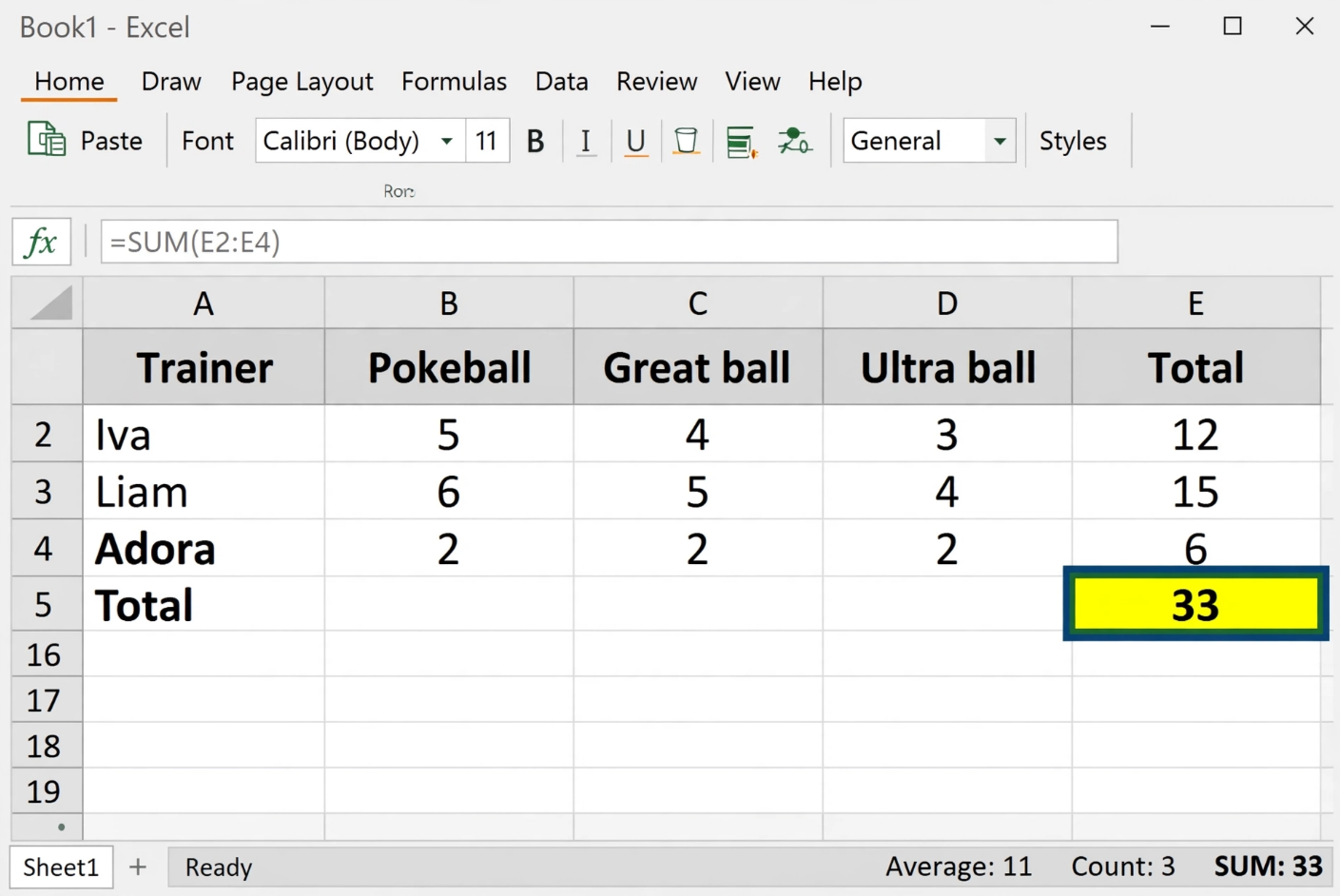 Excel SUM Formula for Pokeball Counting