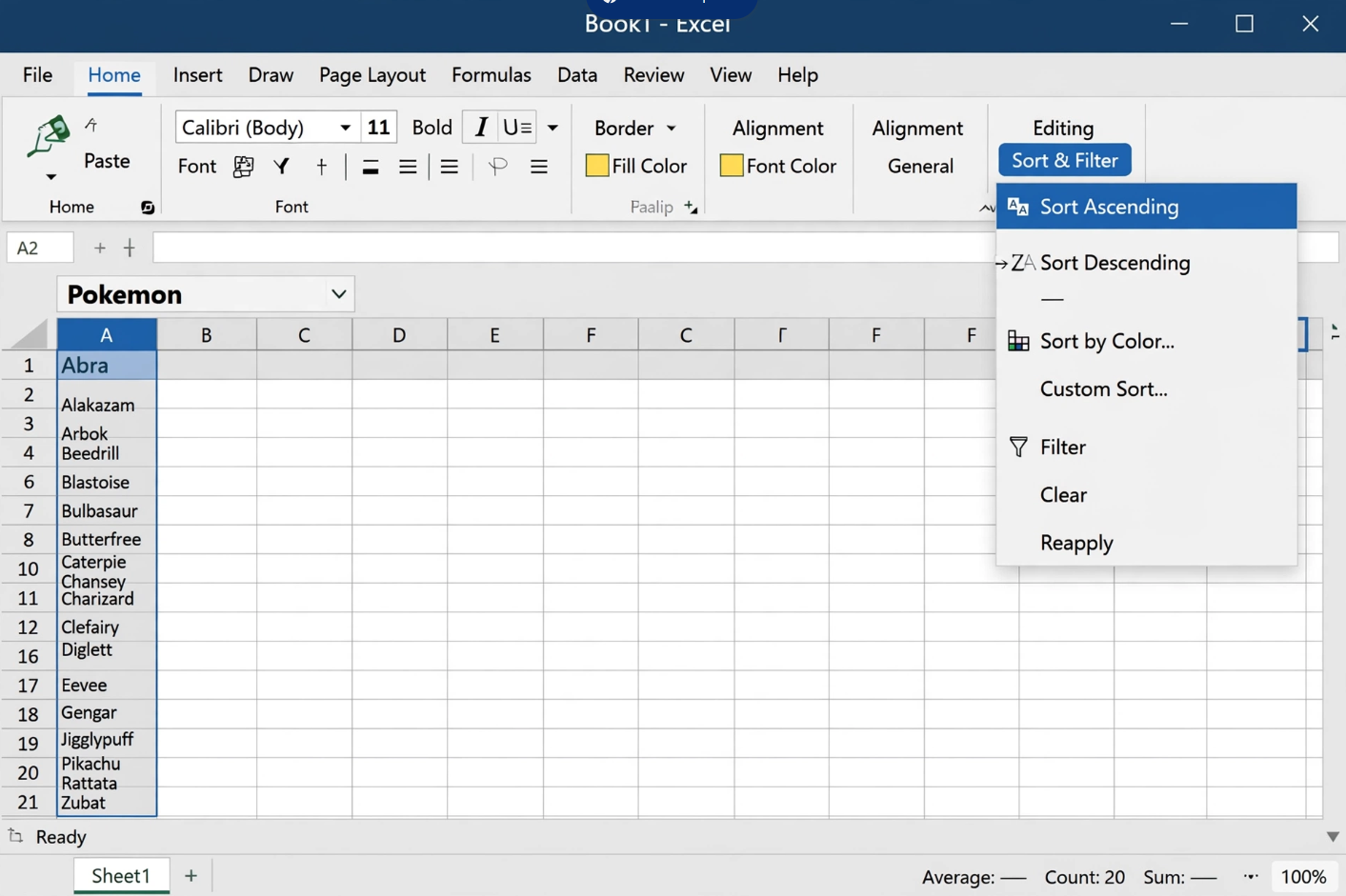 Excel Sort Ascending on Pokemon Names