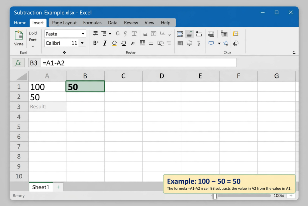 Excel Subtraction Operator Example