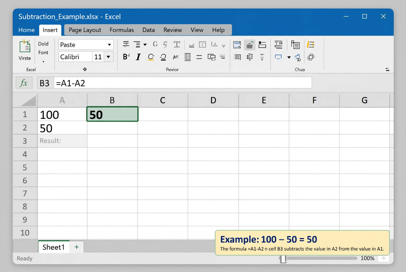 Excel Subtraction Operator Example
