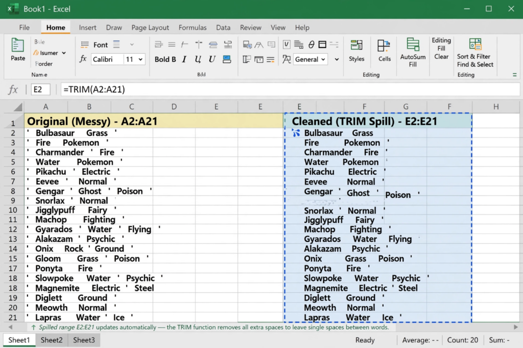 Excel TRIM Function Cleaning Irregular Spaces