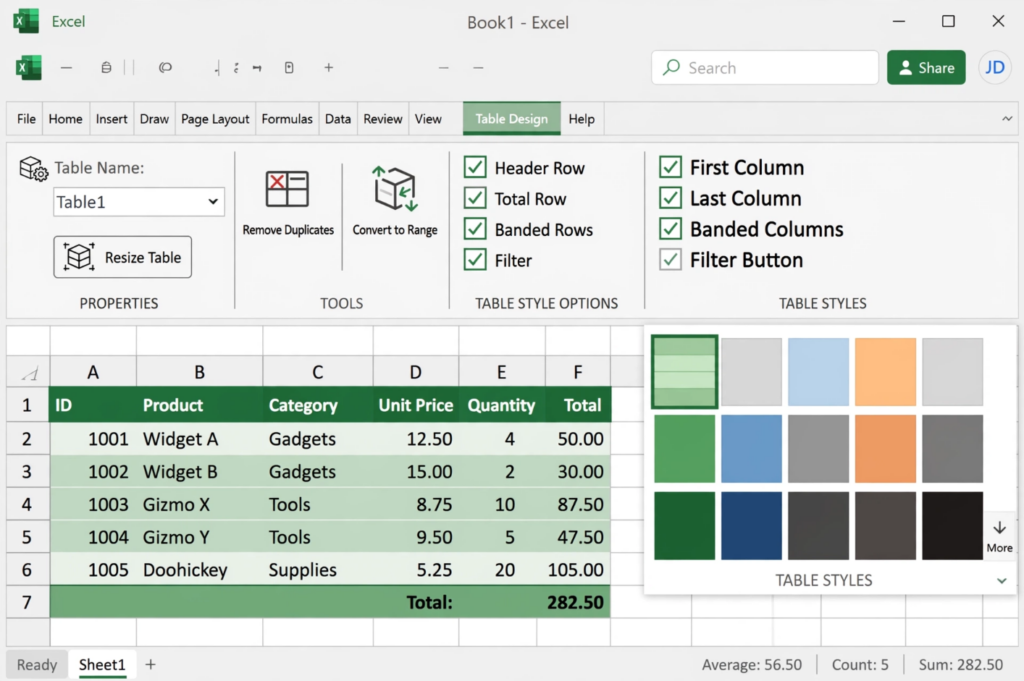 Excel Table Design Tab and Options